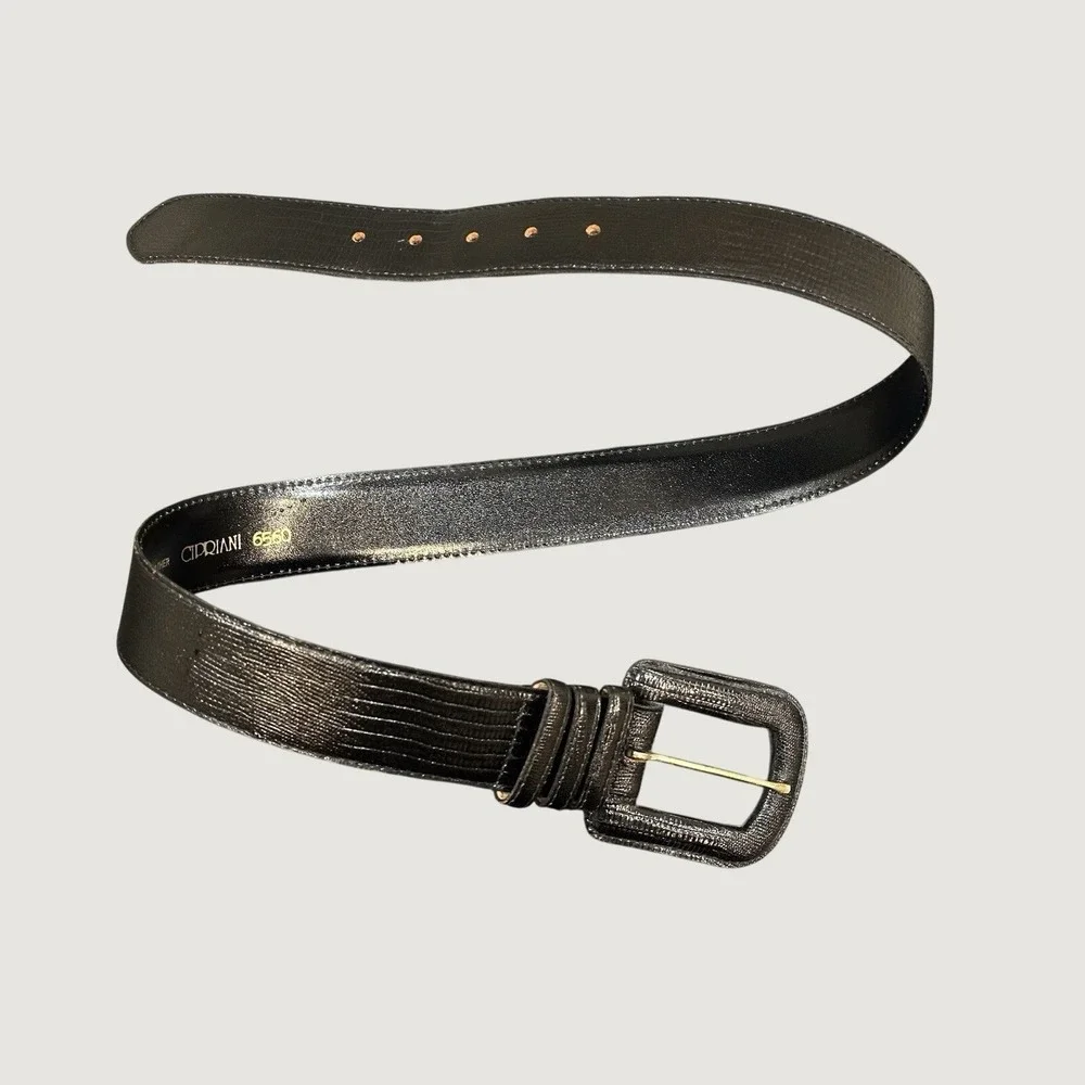 VTG Cipriani 6560 Lizard Grain Leather Belt Black Gold Large Women's Y2K 90s